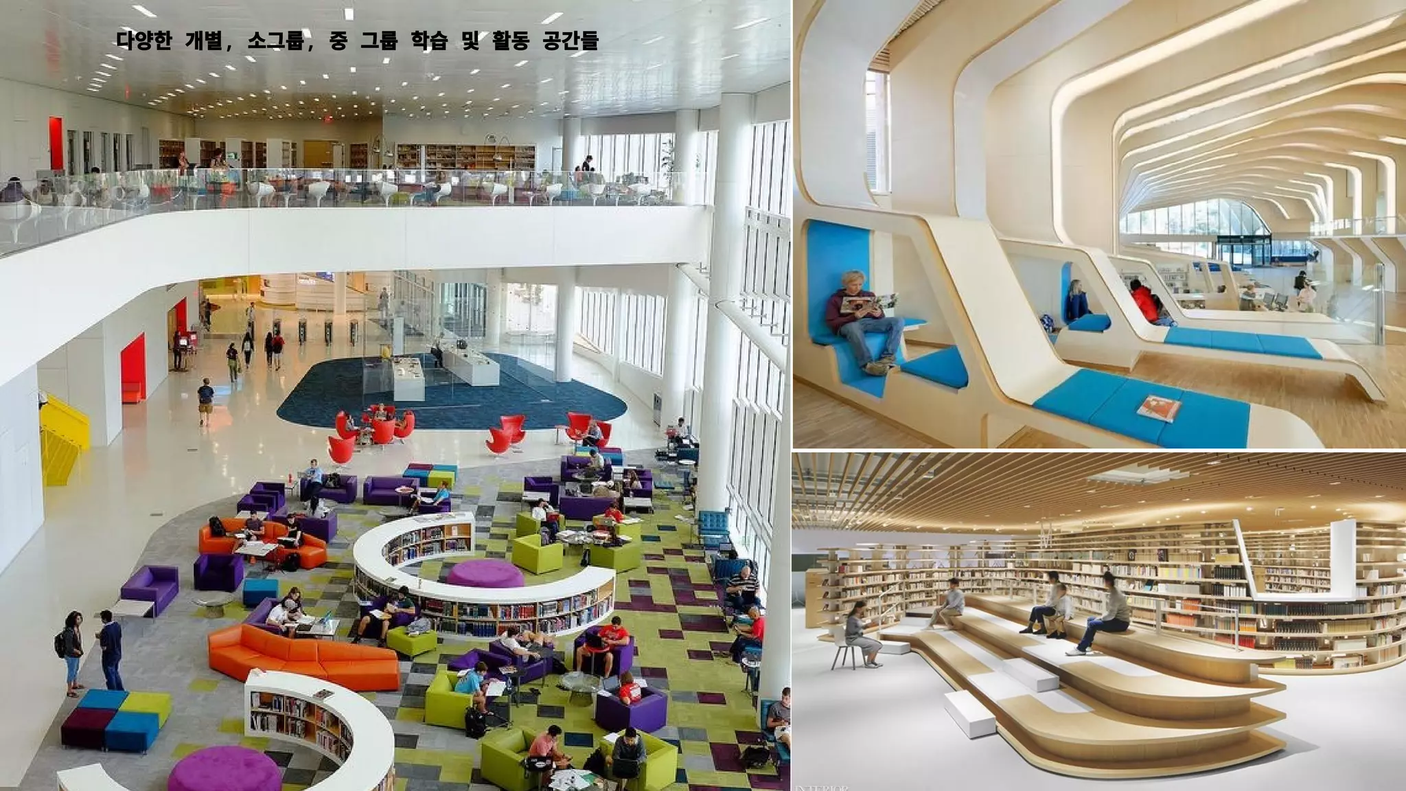 다양한 개별, 소그룹, 중 그룹 학습 및 활동 공간들
 