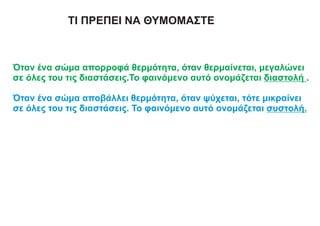 ΤΙ ΠΡΕΠΕΙ ΝΑ ΘΥΜΟΜΑΣΤΕ
Όταν ένα σώμα απορροφά θερμότητα, όταν θερμαίνεται, μεγαλώνει
σε όλες του τις διαστάσεις.Το φαινόμενο αυτό ονομάζεται διαστολή .
Όταν ένα σώμα αποβάλλει θερμότητα, όταν ψύχεται, τότε μικραίνει
σε όλες του τις διαστάσεις. Το φαινόμενο αυτό ονομάζεται συστολή.
 