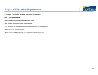 Physical Education Department
60
9. Mature Pattern for Striking with Long Implement
Five Critical Elements:
-Bat up and back in preparation for the striking action.
-Step forward on opposite foot as contact is made.
-Coil and uncoil the trunk for preparation and execution of the striking action.
-Swing the bat on a horizontal plane.
-Wrist uncocks on follow-through for completion of the striking action.
 