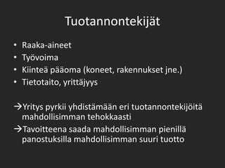 TuotannontekijätRaaka-aineetTyövoimaKiinteä pääoma (koneet, rakennukset jne.)Tietotaito, yrittäjyysYritys pyrkii yhdistämään eri tuotannontekijöitä mahdollisimman tehokkaastiTavoitteena saada mahdollisimman pienillä panostuksilla mahdollisimman suuri tuotto