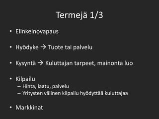 Termejä 1/3Elinkeinovapaus Hyödyke  Tuote tai palveluKysyntä  Kuluttajan tarpeet, mainonta luoKilpailuHinta, laatu, palveluYritysten välinen kilpailu hyödyttää kuluttajaaMarkkinat