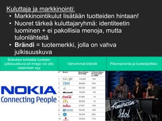 3) Mainontajoukkotiedotusvälineillä -> tiedottaminenjatarpeidenluominen (järkijatunteet)+ henkilökohtainenmyyntityö (nykyisinmyösnetissä!) Jatkuva ale-tila on kiellettyMyydäänmielikuvia: ostattämäntuotteenniinedustatjotain