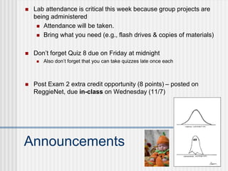 Announcements
 Lab attendance is critical this week because group projects are
being administered
 Attendance will be taken.
 Bring what you need (e.g., flash drives & copies of materials)
 Don’t forget Quiz 8 due on Friday at midnight
 Also don’t forget that you can take quizzes late once each
 Post Exam 2 extra credit opportunity (8 points) – posted on
ReggieNet, due in-class on Wednesday (11/7)
 