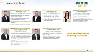Leadership Team
14
DAVID PALMER
President, Chief Executive Officer and Director
MARCO GAGNON
Executive Vice President and Director
PATRICK LANGLOIS
CFO & VP, Corporate Development
▷ Former President and CEO of
Adventure Gold (2007 to 2016)
▷ Has over 25 years of experience in
Project Acquisition, Exploration and
Mine Development
▷ Former President and CEO of Probe
Mines (2003 to 2015)
▷ 2015: PDAC Bill Dennis Award for a
Canadian Mineral Discovery
▷ 2015: Northern Miner Mining Person of
the Year
▷ 2014: Prospector of the Year, Ontario
▷ Former Vice President of Probe Mines
(2012 to 2015)
▷ Has over 20 years of experience in
Corporate Development, Venture
Capital and Investment Banking
YVES DESSUREAULT
Chief Operating Officer
▷ Former COO of Probe Mines (2014-2015)
▷ Held senior positions with BBA Inc., Rio
Tinto PLC and Hatch Ltd. and responsible
for leading many large greenfield and
brownfield projects, from studies to
execution
▷ Has over 25 years of experience in
Operations, Project Evaluation and
Mine Development
SEEMA SINDWANI
Vice President, Investor Relations
▷ 20 years of capital markets and
investor relations experience
▷ Held a fund manager position with a
European asset management company
and senior positions at several
Canadian investment banks
Team with Track Record
of making Discoveries
 