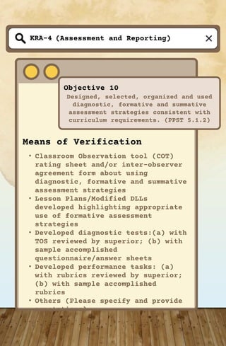 (Assessment and Reporting)
Objective 10
Designed, selected, organized and used
diagnostic, formative and summative
assessment strategies consistent with
curriculum requirements. (PPST 5.1.2)
KRA-4
Means of Verification
• Classroom Observation tool (COT)
rating sheet and/or inter-observer
agreement form about using
diagnostic, formative and summative
assessment strategies
• Lesson Plans/Modified DLLs
developed highlighting appropriate
use of formative assessment
strategies
• Developed diagnostic tests:(a) with
TOS reviewed by superior; (b) with
sample accomplished
questionnaire/answer sheets
• Developed performance tasks: (a)
with rubrics reviewed by superior;
(b) with sample accomplished
rubrics
• Others (Please specify and provide
annotations)
 