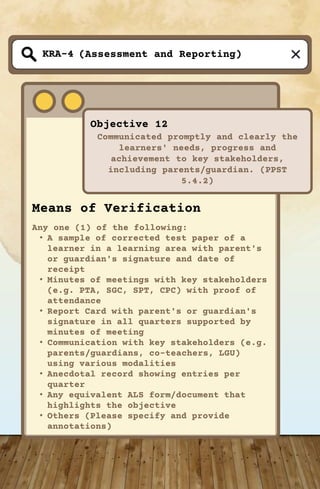 (Assessment and Reporting)
Objective 12
Communicated promptly and clearly the
learners' needs, progress and
achievement to key stakeholders,
including parents/guardian. (PPST
5.4.2)
KRA-4
Means of Verification
Any one (1) of the following:
• A sample of corrected test paper of a
learner in a learning area with parent's
or guardian's signature and date of
receipt
• Minutes of meetings with key stakeholders
(e.g. PTA, SGC, SPT, CPC) with proof of
attendance
• Report Card with parent's or guardian's
signature in all quarters supported by
minutes of meeting
• Communication with key stakeholders (e.g.
parents/guardians, co-teachers, LGU)
using various modalities
• Anecdotal record showing entries per
quarter
• Any equivalent ALS form/document that
highlights the objective
• Others (Please specify and provide
annotations)
 