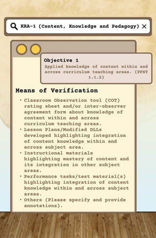 (Content, Knowledge and Pedagogy)
Objective 1
Applied knowledge of content within and
across curriculum teaching areas. (PPST
1.1.2)
KRA-1
Means of Verification
• Classroom Observation tool (COT)
rating sheet and/or inter-observer
agreement form about knowledge of
content within and across
curriculum teaching areas.
• Lesson Plans/Modified DLLs
developed highlighting integration
of content knowledge within and
across subject area.
• Instructional materials
highlighting mastery of content and
its integration in other subject
areas.
• Performance tasks/test material(s)
highlighting integration of content
knowledge within and across subject
areas.
• Others (Please specify and provide
annotations).
 