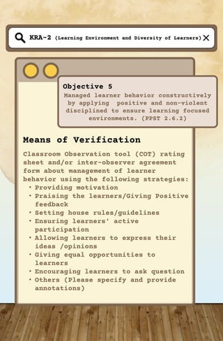 (Learning Environment and Diversity of Learners)
Objective 5
Managed learner behavior constructively
by applying positive and non-violent
disciplined to ensure learning focused
environments. (PPST 2.6.2)
KRA-2
Means of Verification
Classroom Observation tool (COT) rating
sheet and/or inter-observer agreement
form about management of learner
behavior using the following strategies:
• Providing motivation
• Praising the learners/Giving Positive
feedback
• Setting house rules/guidelines
• Ensuring learners' active
participation
• Allowing learners to express their
ideas /opinions
• Giving equal opportunities to
learners
• Encouraging learners to ask question
• Others (Please specify and provide
annotations)
 