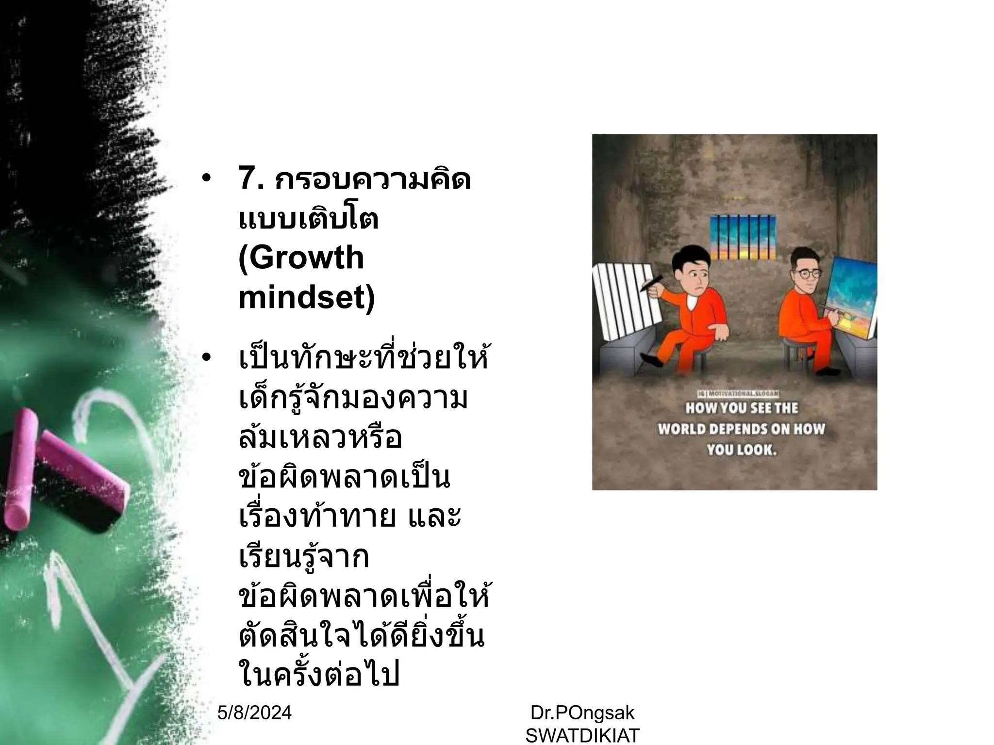 • 7. กรอบความคิด
แบบเติบโต
(Growth
mindset)
• เป็นทักษะที่ช่วยให ้
เด็กรู้จักมองความ
ล ้มเหลวหรือ
ข ้อผิดพลาดเป็น
เรื่องท ้าทาย และ
เรียนรู้จาก
ข ้อผิดพลาดเพื่อให ้
ตัดสินใจได ้ดียิ่งขึ้น
ในครั้งต่อไป
5/8/2024 Dr.POngsak
SWATDIKIAT
 