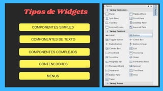Tipos de Widgets
COMPONENTES SIMPLES
COMPONENTES DE TEXTO
COMPONENTES COMPLEJOS
CONTENEDORES
MENUS
 
