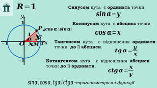 𝑥
𝑦
𝟏
𝟏
𝟏
−𝟏
−𝟏
(𝒄𝒐𝒔 𝜶; 𝒔𝒊𝒏𝜶)
𝜶
𝑶
𝑷𝜶
𝒙
𝒚
𝑴
𝒔𝒊𝒏𝜶=𝒚
𝒄𝒐𝒔 𝜶=𝒙
𝒕𝒈 𝜶=
𝒚
𝒙
𝒄𝒕𝒈 𝜶=
𝒙
𝒚
𝑠𝑖𝑛𝛼,𝑐𝑜𝑠𝛼,𝑡𝑔𝛼і𝑐𝑡𝑔𝛼−тригонометричні функції
𝑹=𝟏 Cинусом кута є ордината точки
Косинусом кута є абсциса точки
Тангенсом кута є відношення ординати
точки до її абсциси.
Котангенсом кута є відношення абсциси
точки до її ординати.
 