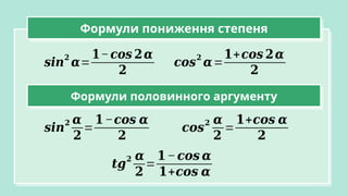 Формули пониження степеня
𝒔𝒊𝒏
𝟐
𝜶=
𝟏−𝒄𝒐𝒔 𝟐𝜶
𝟐
𝒄𝒐𝒔
𝟐
𝜶=
𝟏+𝒄𝒐𝒔 𝟐𝜶
𝟐
Формули половинного аргументу
𝒔𝒊𝒏
𝟐 𝜶
𝟐
=
𝟏−𝒄𝒐𝒔 𝜶
𝟐
𝒄𝒐𝒔
𝟐 𝜶
𝟐
=
𝟏+𝒄𝒐𝒔 𝜶
𝟐
𝒕𝒈
𝟐 𝜶
𝟐
=
𝟏−𝒄𝒐𝒔 𝜶
𝟏+𝒄𝒐𝒔 𝜶
 