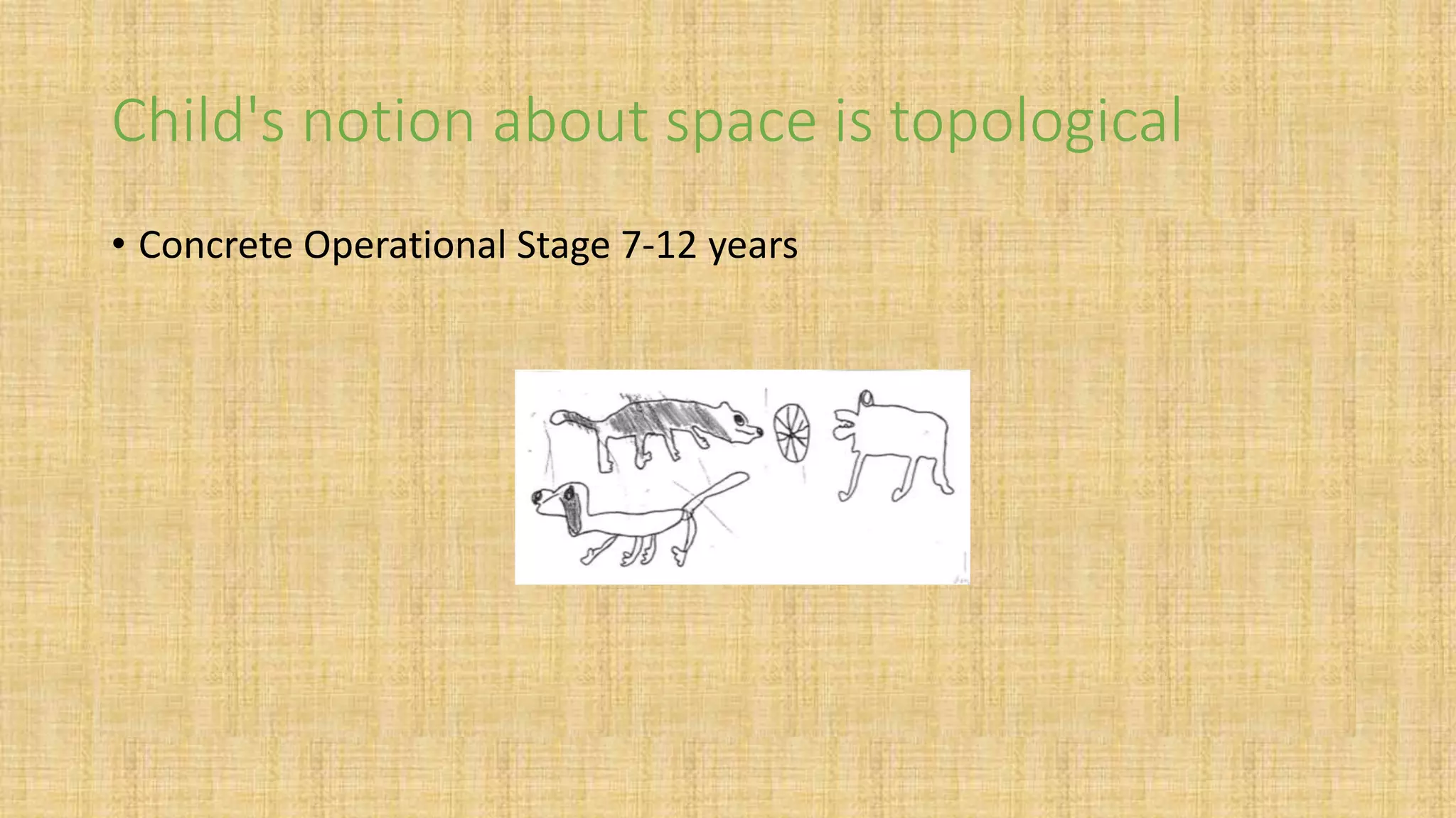 Child's notion about space is topological
• Concrete Operational Stage 7-12 years
 