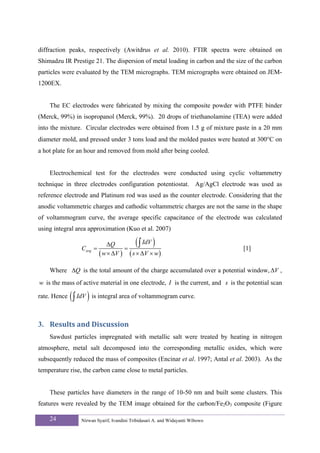 diffraction peaks, respectively (Awitdrus et al. 2010). FTIR spectra were obtained on
Shimadzu IR Prestige 21. The dispersion of metal loading in carbon and the size of the carbon
particles were evaluated by the TEM micrographs. TEM micrographs were obtained on JEM-
1200EX.


    The EC electrodes were fabricated by mixing the composite powder with PTFE binder
(Merck, 99%) in isopropanol (Merck, 99%). 20 drops of triethanolamine (TEA) were added
into the mixture. Circular electrodes were obtained from 1.5 g of mixture paste in a 20 mm
diameter mold, and pressed under 3 tons load and the molded pastes were heated at 300°C on
a hot plate for an hour and removed from mold after being cooled.


    Electrochemical test for the electrodes were conducted using cyclic voltammetry
technique in three electrodes configuration potentiostat. Ag/AgCl electrode was used as
reference electrode and Platinum rod was used as the counter electrode. Considering that the
anodic voltammetric charges and cathodic voltammetric charges are not the same in the shape
of voltammogram curve, the average specific capacitance of the electrode was calculated
using integral area approximation (Kuo et al. 2007)


                  Cavg =
                               ΔQ
                                     =
                                            (
                                           ∫ IdV    )                           [1]
                           ( w × ΔV ) ( s × ΔV × w)
    Where ΔQ is the total amount of the charge accumulated over a potential window, ΔV ,
w is the mass of active material in one electrode, I is the current, and s is the potential scan

rate. Hence   ( ∫ IdV ) is integral area of voltammogram curve.

3. Results and Discussion 
    Sawdust particles impregnated with metallic salt were treated by heating in nitrogen
atmosphere, metal salt decomposed into the corresponding metallic oxides, which were
subsequently reduced the mass of composites (Encinar et al. 1997; Antal et al. 2003). As the
temperature rise, the carbon came close to metal particles.


    These particles have diameters in the range of 10-50 nm and built some clusters. This
features were revealed by the TEM image obtained for the carbon/Fe2O3 composite (Figure

    24            Nirwan Syarif, Ivandini Tribidasari A. and Widayanti Wibowo
 
