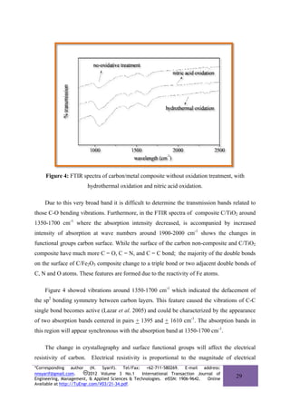 Figure 4: FTIR spectra of carbon/metal composite without oxidation treatment, with
                        hydrothermal oxidation and nitric acid oxidation.

    Due to this very broad band it is difficult to determine the transmission bands related to
those C-O bending vibrations. Furthermore, in the FTIR spectra of composite C/TiO2 around
1350-1700 cm-1 where the absorption intensity decreased, is accompanied by increased
intensity of absorption at wave numbers around 1900-2000 cm-1 shows the changes in
functional groups carbon surface. While the surface of the carbon non-composite and C/TiO2
composite have much more C = O, C = N, and C = C bond; the majority of the double bonds
on the surface of C/Fe2O3 composite change to a triple bond or two adjacent double bonds of
C, N and O atoms. These features are formed due to the reactivity of Fe atoms.

    Figure 4 showed vibrations around 1350-1700 cm-1 which indicated the defacement of
the sp2 bonding symmetry between carbon layers. This feature caused the vibrations of C-C
single bond becomes active (Lazar et al. 2005) and could be characterized by the appearance
of two absorption bands centered in pairs + 1395 and + 1610 cm-1. The absorption bands in
this region will appear synchronous with the absorption band at 1350-1700 cm-1.

    The change in crystallography and surface functional groups will affect the electrical
resistivity of carbon. Electrical resistivity is proportional to the magnitude of electrical
*Corresponding author (N. Syarif). Tel/Fax: +62-711-580269. E-mail address:
nnsyarif@gmail.com.        2012 Volume 3 No.1    International Transaction Journal of
Engineering, Management, & Applied Sciences & Technologies. eISSN: 1906-9642.  Online
                                                                                        29
Available at http://TuEngr.com/V03/21-34.pdf.
 
