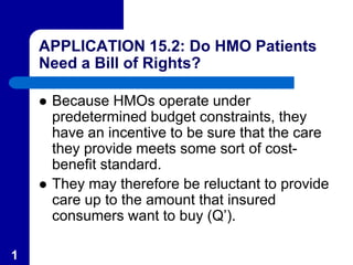 APPLICATION 15.2: Do HMO Patients
Need a Bill of Rights?
 Because HMOs operate under
predetermined budget constraints, they
have an incentive to be sure that the care
they provide meets some sort of cost-
benefit standard.
 They may therefore be reluctant to provide
care up to the amount that insured
consumers want to buy (Q’).
1
 
