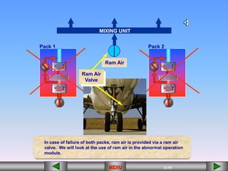 11/55
MENU
Ram Air
MIXING UNIT
Pack 1 Pack 2
In case of failure of both packs, ram air is provided via a ram air
valve. We will look at the use of ram air in the abnormal operation
module.
Ram Air
Valve
 