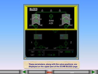 14/55
MENU
[][][][][][] [][]
These parameters, along with the valve positions, are
displayed on the upper part of the ECAM BLEED page.
 