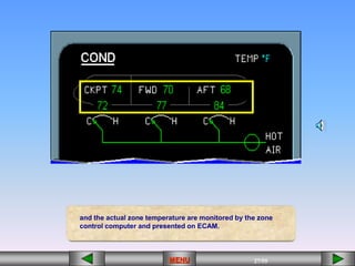 27/55
MENU
Zone
Temperature
and the actual zone temperature are monitored by the zone
control computer and presented on ECAM.
HOT
AIR
220
0
72 84
77
74 70 68
 