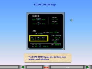 29/55
MENU
[][][][][][] [][]
ECAM CRUISE Page
The ECAM CRUISE page also contains zone
temperature indications.
 