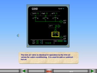 48/55
MENU
The trim air valve is identical in operation to the trim air
valves for cabin conditioning. It is used to add or subtract
hot air.
 