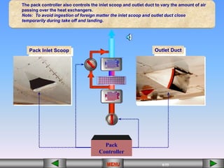 8/55
MENU
The pack controller also controls the inlet scoop and outlet duct to vary the amount of air
passing over the heat exchangers.
Note: To avoid ingestion of foreign matter the inlet scoop and outlet duct close
temporarily during take off and landing.
Pack Inlet Scoop Outlet Duct
Pack
Controller
 