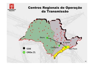 Centros Regionais de Operação
        da Transmissão




           Bauru

                              B.Jardim

                   Cabreúva
COS                                 São Paulo

CROs (T)



                                                14
 