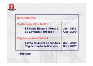 Meio Ambiente

Certificação ISO - 14.001
      SE Santa Bárbara ( Rural )   Jun - 2002
      SE Xavantes ( Urbana )       Out - 2002*

Regularização ambiental
      Termo de ajuste de conduta   Out - 2002*
      Regularização de licenças    Out - 2002*

(*) Previsto

                                                 17
 