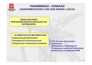 TRANSMISSÃO - CONEXÃO
         ( INVESTIMENTOS EM LT/SE COM TENSÃO < 230 kV)



        RESOLUÇÃO 489/02
RESPONSABILIDADE DE EXECUÇÃO É DA
         DISTRIBUIDORA




   ALTERNATIVAS DE IMPLEMENTAÇÃO
 Diretamente pela Distribuidora
 Contratação da Transmissora local          CCT: Contrato de Conexão à
 Licitação entre Transmissoras existentes   Transmissão
                                            (Distribuidora x Transmissora)
                                            Transmissora recebe, da Distribuidora,
                                            Receita Anual corrigida pelo IGPM




                                                                                31
 