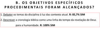 E B D / I G RE JA PRES BI T E RI AN A D O BAI RRO AMAMBAÍ
B . O S O B J E T I V O S E S P E C Í F I C O S
P R O C E D I M E N TA I S F O R A M A L C A N Ç A D O S ?
1. Debater os temas da disciplina à luz das contexto atual. R: 85,7% SIM
2. Descrever a cronologia bíblica como uma linha do tempo da revelação de Deus
para a humanidade. R: 100% SIM
 