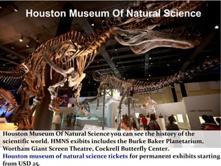 Houston Museum Of Natural Science
Houston Museum Of Natural Science you can see the history of the
scientific world. HMNS exibits includes the Burke Baker Planetarium,
Wortham Giant Screen Theatre, Cockrell Butterfly Center.
Houston museum of natural science tickets for permanent exhibits starting
from USD 25.
 