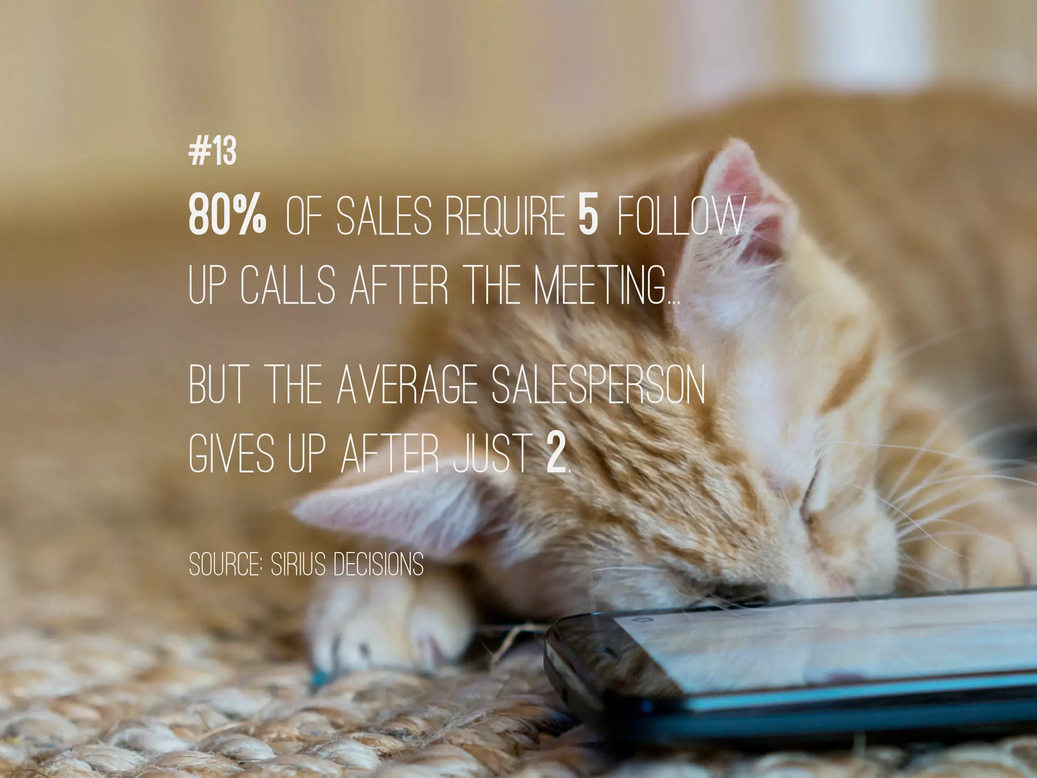 80% OF SALES require 5 follow
up calls after the meeting...
but the average salesperson
gives up after just 2.
#13
source: SIRIUS DECISIONS
 