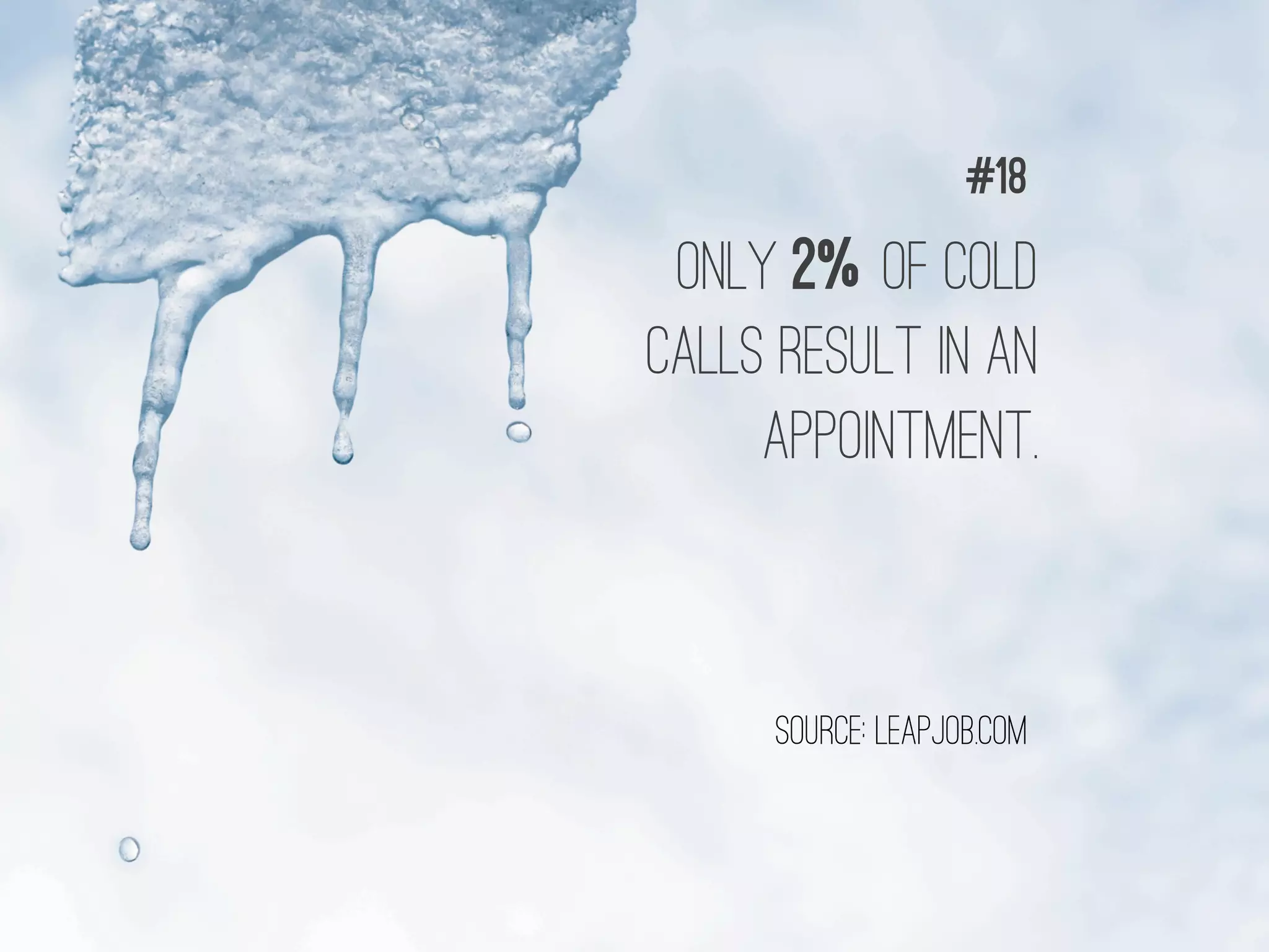 ONLY 2% OF COLD
CALLS RESULT IN AN
APPOINTMENT.
#18
source: LEAPJOB.COM
 