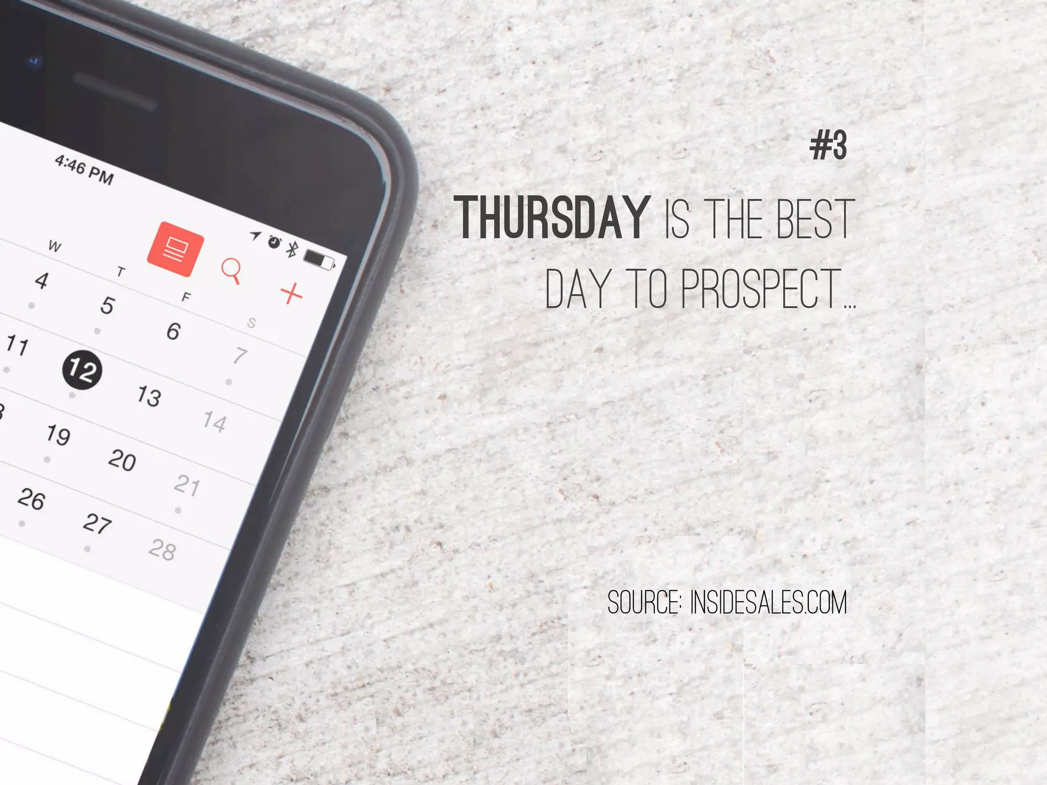 THURSDAY IS THE BEST
DAY TO PROSPECT...
#3
source: insidesales.com
 