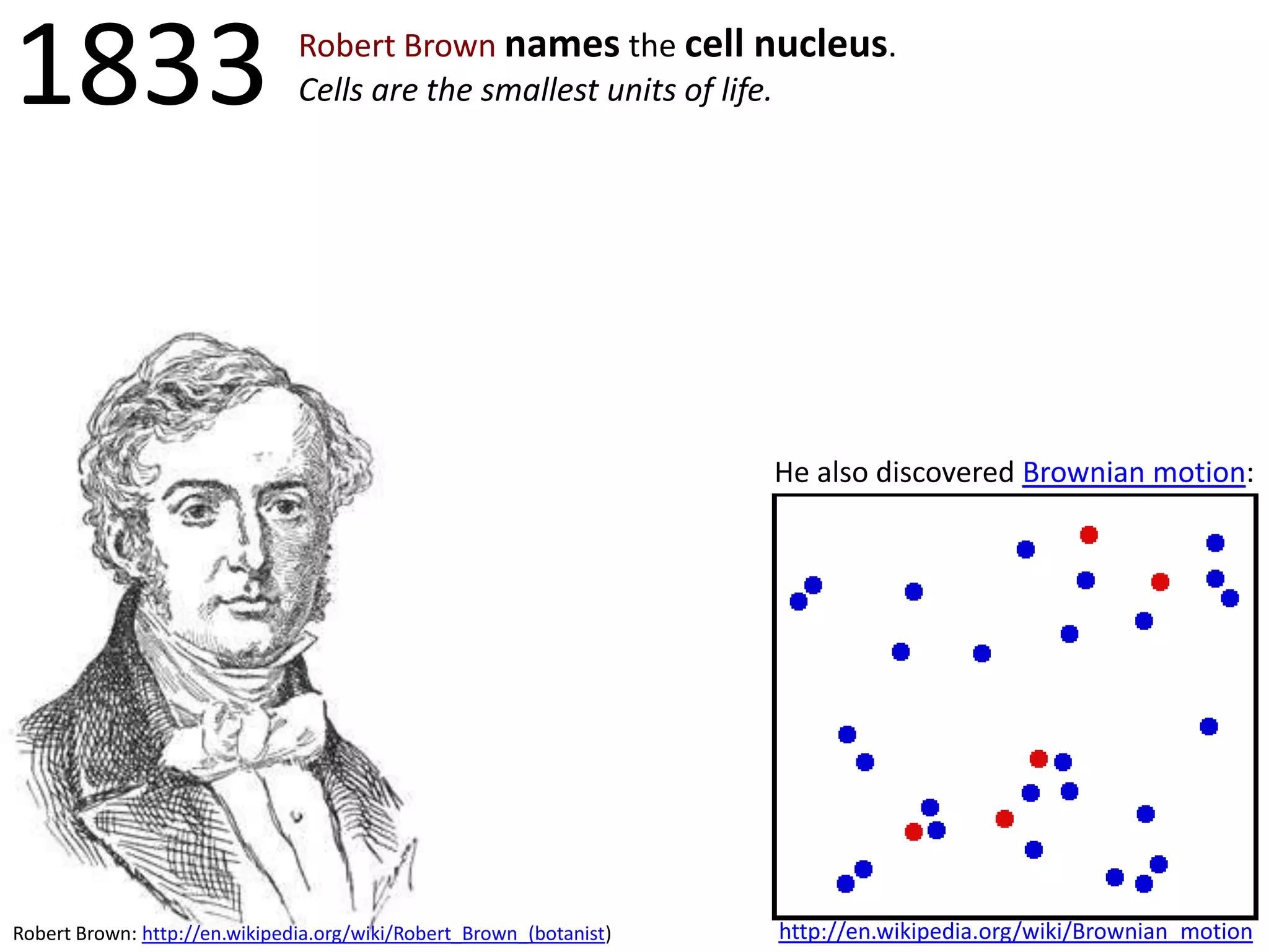 1833

Robert Brown names the cell nucleus.
Cells are the smallest units of life.

He also discovered Brownian motion:

Robert Brown: http://en.wikipedia.org/wiki/Robert_Brown_(botanist)

http://en.wikipedia.org/wiki/Brownian_motion

 
