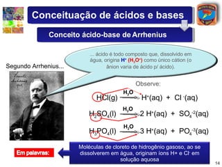 Segundo Arrhenius... HCl(g)  H + (aq)  +  Cl  - (aq) H 2 SO 4 (l)  2 H + (aq)  +  SO 4 -2 (aq) H 3 PO 4 (l)  3 H + (aq)  +  PO 4 -3 (aq) Observe: H 2 O H 2 O H 2 O ... ácido é todo composto que, dissolvido em água, origina  H +   (H 3 O + )  como único cátion (o ânion varia de ácido p/ ácido). Moléculas de cloreto de hidrogênio gasoso, ao se dissolverem em água, originam íons H+ e Cl -  em solução aquosa Conceituação de ácidos e bases Conceito ácido-base de Arrhenius 