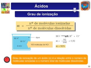 Grau de ionização de um ácido (α) é a relação entre o número de moléculas ionizadas e o número total de moléculas dissolvidas. Ácidos Grau de ionização 