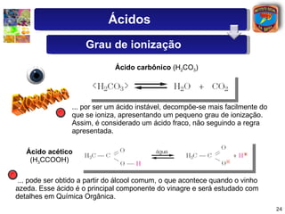 Exceções Ácido carbônico  (H 2 CO 3 ) Ácido acético  (H 3 CCOOH) ... por ser um ácido instável, decompõe-se mais facilmente do que se ioniza, apresentando um pequeno grau de ionização. Assim, é considerado um ácido fraco, não seguindo a regra apresentada. ... pode ser obtido a partir do álcool comum, o que acontece quando o vinho azeda. Esse ácido é o principal componente do vinagre e será estudado com detalhes em Química Orgânica. Ácidos Grau de ionização 