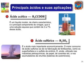 É um líquido incolor, de cheiro característico, e o principal componente do vinagre, que é uma solução aquosa que contém de 3 a 7% desse ácido. É o ácido mais importante economicamente. O maior consumo de ácido sulfúrico se dá na fabricação de fertilizantes, como os superfosfatos e o sulfato de amônio. É, ainda, utilizado nas indústrias petroquímicas, de papel, de corantes etc. e nos acumuladores de chumbo (baterias de automóveis). Principais ácidos e suas aplicações 