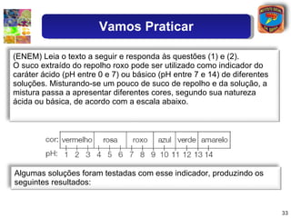 (ENEM) Leia o texto a seguir e responda às questões (1) e (2). O suco extraído do repolho roxo pode ser utilizado como indicador do caráter ácido (pH entre 0 e 7) ou básico (pH entre 7 e 14) de diferentes soluções. Misturando-se um pouco de suco de repolho e da solução, a mistura passa a apresentar diferentes cores, segundo sua natureza ácida ou básica, de acordo com a escala abaixo. Vamos Praticar Algumas soluções foram testadas com esse indicador, produzindo os seguintes resultados: 
