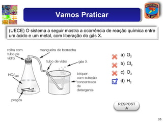 O 2 Cl 2 O 3 H 2 (UECE) O sistema a seguir mostra a ocorrência de reação química entre um ácido e um metal, com liberação do gás X. RESPOSTA Vamos Praticar 