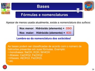 Apesar de menos usada atualmente, existe a  nomenclatura dos sufixos : Lembre-se da nomenclatura dos oxiácidos! Fe(OH) 2  : hidróxido ferr oso . Fe(OH) 3  : hidróxido férr ico . CuOH : hidróxido cupr oso . Cu(OH) 2  : hidróxido cúpr ico . AuOH : hidróxido aur oso . Au(OH) 3  : hidróxido áur ico . Sn(OH) 2  : hidróxido estan oso . Sn(OH) 4  : hidróxido estân ico . As bases podem ser classificadas de acordo com o número de hidroxilas presentes em suas fórmulas. Exemplo:  monobases: NaOH, KOH, NH4OH dibases: Ca(OH)2, Fe(OH)2 tribases: Al(OH)3, Fe(OH)3, etc Bases Fórmulas e nomenclaturas Nox menor:  Hidróxido (elemento) +  OSO Nox  maior:  Hidróxido (elemento) +  ICO 