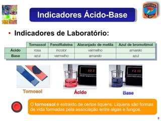 Indicadores de Laboratório: O  tornossol  é extraído de certos liquens. Liquens são formas de vida formadas pela associação entre algas e fungos. Indicadores Ácido-Base 