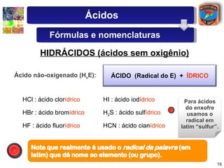 HIDRÁCIDOS (ácidos sem oxigênio) HCl : ácido clor ídrico HBr : ácido brom ídrico H 2 S : ácido sulf ídrico HF : ácido fluo...