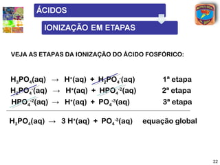 Ionização parcial (em etapas)
          Ionização parcial (em etapas)
            Ionização parcial (em etapas)
VEJA AS ETAPAS DA IONIZAÇÃO DO ÁCIDO FOSFÓRICO:



H3PO4(aq) → H+(aq) + H2PO4-(aq)          1ª etapa
H2PO4-(aq) → H+(aq) + HPO4-2(aq)         2ª etapa
HPO4-2(aq) → H+(aq) + PO4-3(aq)          3ª etapa

H3PO4(aq) → 3 H+(aq) + PO4-3(aq)   equação global




                                                    22
 
