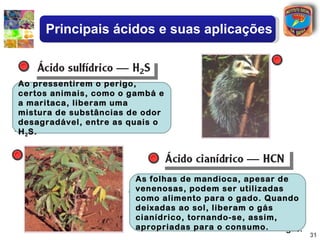 Principais ácidos e suas aplicações


 Ao pressentirem o perigo,
É um gás venenoso, incolor, formado
 certos animais, como o gambá e
na putrefação de substâncias
 a maritaca, liberam uma
orgânicas naturais que contenham
 mistura de substâncias de odor
enxofre, sendo responsável em grande
 desagradável, entre as quais o
parte pelo cheiro de ovo podre.
 H 2 S.




                            As folhas de mandioca, apesar de
                              É o nome com que se indica uma solução
                            venenosas, podem ser utilizadas
                           aquosa do gás cianídrico, que é incolor, com
                            como alimento para o gado. amêndoas
                                     cheiro característico de Quando
                            deixadas ao sol, liberam o gás
                            amargas. Por ser muito venenoso, esse gás
                            cianídrico, nas execuções em câmara de
                              é utilizado tornando-se, assim,
                            apropriadas para o consumo.             gás.
                                                                           31
 