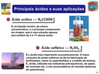 Principais ácidos e suas aplicações



É um líquido incolor, de cheiro
característico, e o principal componente
do vinagre, que é uma solução aquosa
que contém de 3 a 7% desse ácido.




            É o ácido mais importante economicamente. O maior
            consumo de ácido sulfúrico se dá na fabricação de
            fertilizantes, como os superfosfatos e o sulfato de amônio.
            É, ainda, utilizado nas indústrias petroquímicas, de papel,
            de corantes etc. e nos acumuladores de chumbo (baterias
            de automóveis).
                                                                      33
 