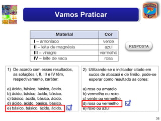 Vamos Praticar



                                                              RESPOSTA




1) De acordo com esses resultados,    2) Utilizando-se o indicador citado em
   as soluções I, II, III e IV têm,      sucos de abacaxi e de limão, pode-se
   respectivamente, caráter:             esperar como resultado as cores:

a) ácido, básico, básico, ácido.      a) rosa ou amarelo
b) ácido, básico, ácido, básico.      b) vermelho ou roxo
c) básico, ácido, básico, ácido.      c) verde ou vermelho
d) ácido, ácido, básico, básico.      d) rosa ou vermelho
e) básico, básico, ácido, ácido.      e) roxo ou azul

                                                                            36
 