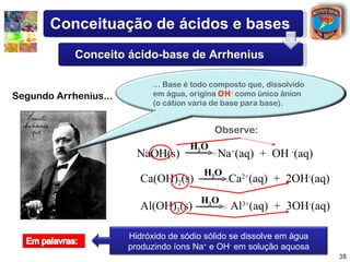 Conceituação de ácidos e bases
            Conceito ácido-base de Arrhenius

                             ... Base é todo composto que, dissolvido
Segundo Arrhenius...         em água, origina OH - como único ânion
                             (o cátion varia de base para base).


                                             Observe:
                                      H2 O
                         NaOH(s)              Na+(aq) + OH -(aq)
                                          H2O
                          Ca(OH)2(s)            Ca2+(aq) + 2OH-(aq)
                                         H2 O
                          Al(OH)3(s)             Al3+(aq) + 3OH-(aq)

                       Hidróxido de sódio sólido se dissolve em água
                       produzindo íons Na+ e OH- em solução aquosa
                                                                        38
 