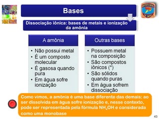Bases
  Dissociação iônica: bases de metais e ionização
                    da amônia




 Como vimos, a amônia é uma base diferente das demais: ao
 ser dissolvida em água sofre ionização e, nesse contexto,
(*) Os hidróxidos de metaispela não sejam alcalinosconsiderada
 pode ser representada que fórmula NH4OH e nem alcalinos
 como uma monobase
terrosos apresentam um caráter covalente bastante acentuado.
                                                                 43
 